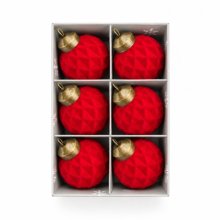Eglutės žaisliukų rinkinys, raudonas aksominis, rombų raštas, 6 vnt., Ø 6 cm